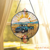 Vintage Truck Stained Glass Suncatcher Rustic Farm Sunset Window Panel Blue Pickup Wheat Field Decor Country Farmhouse